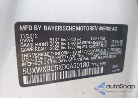 2013 BMW X3 xDrive28I из США, поврежденный, VIN 5UXWX9C5XD0A30180